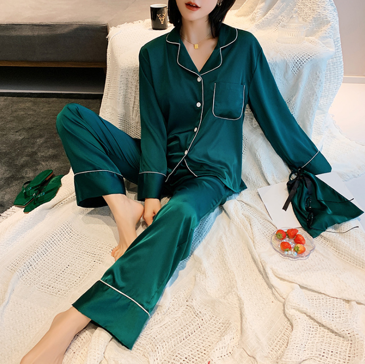 Liumia Glossy Long Sleeved Satin Sleepwear 2 Piece Set